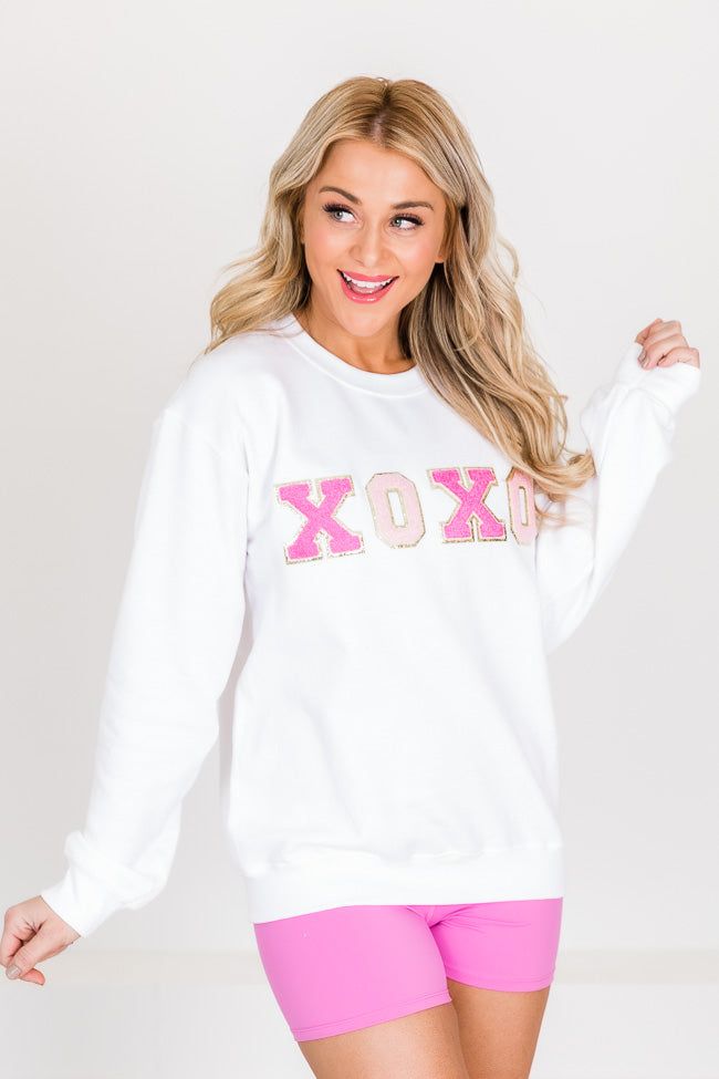 XOXO White Chenille Patch Graphic Sweatshirt FINAL SALE sold by Pink Lily