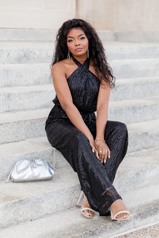 Festive Feels Black Self Tie Halter Belted Sequin Jumpsuit FINAL SALE sold by Pink Lily product image thumbnail 4