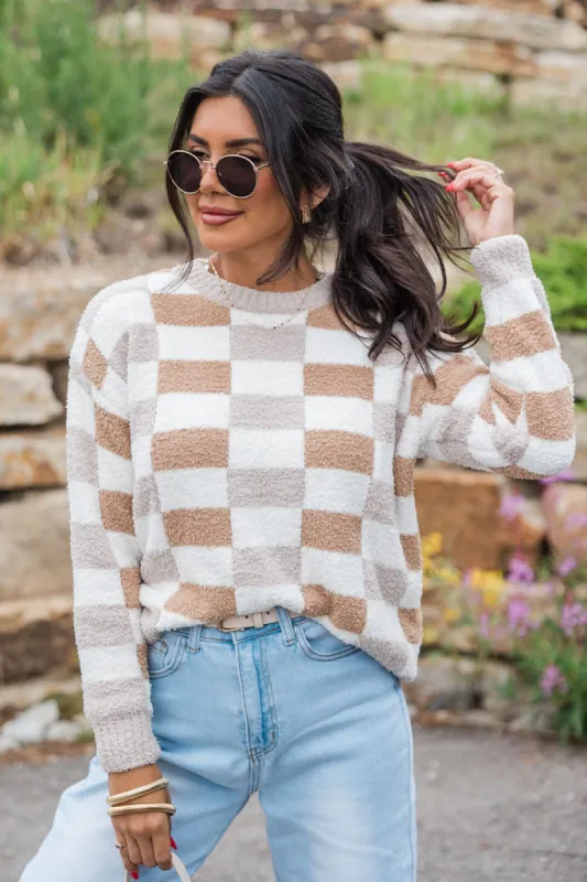 Sweet Truth Tan Fuzzy Checkered Sweater FINAL SALE sold by Pink Lily