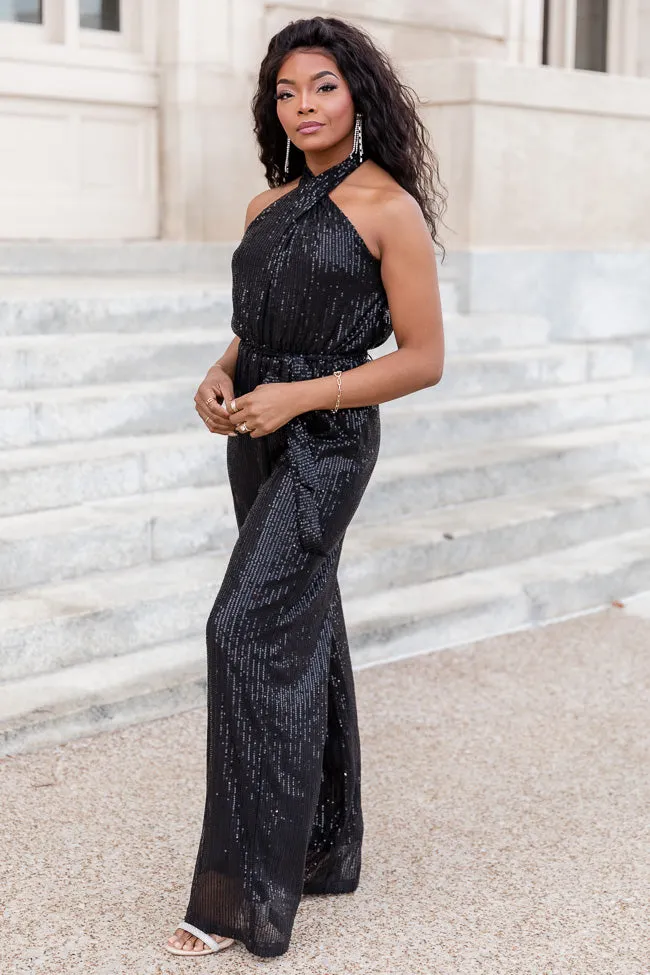 Festive Feels Black Self Tie Halter Belted Sequin Jumpsuit FINAL SALE sold by Pink Lily product image thumbnail 5