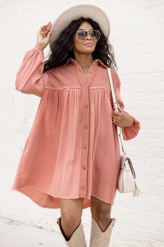 Trying My Best Mauve Long Sleeve Collared Button Up Gauze Mini Dress FINAL SALE sold by Pink Lily