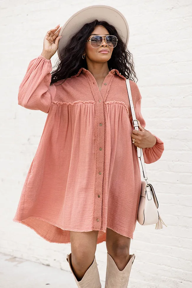 Trying My Best Mauve Long Sleeve Collared Button Up Gauze Mini Dress FINAL SALE sold by Pink Lily
