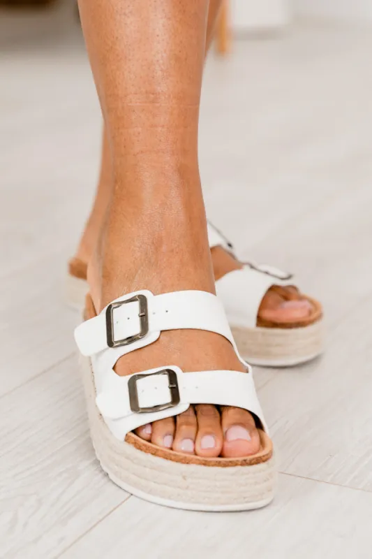 Gianna White Double Buckle Platform Sandal sold by Pink Lily