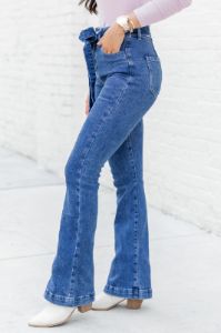 Time For Change Medium Wash High Rise Flare Denim with Tie Waist sold by Pink Lily
