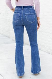 Time For Change Medium Wash High Rise Flare Denim with Tie Waist sold by Pink Lily