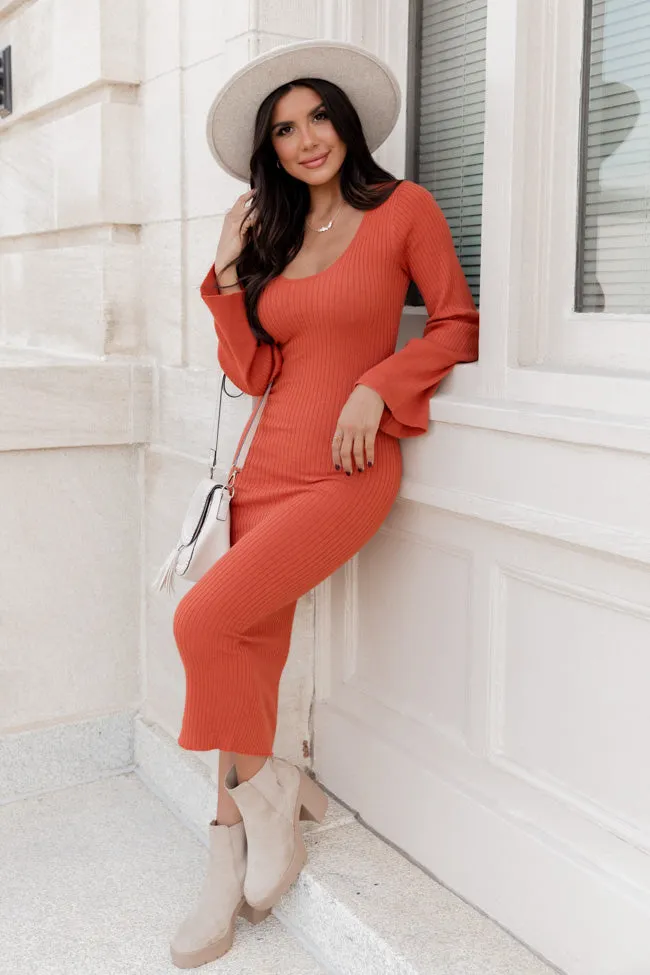 Believing In You Rust Scoop-Neck Long Bell Sleeve Midi Dress FINAL SALE sold by Pink Lily