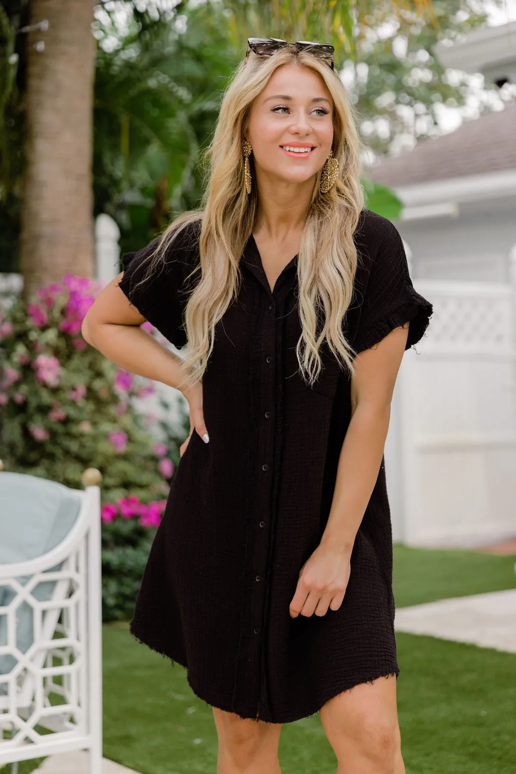 No Worries Black Gauze Button Up Dress FINAL SALE sold by Pink Lily
