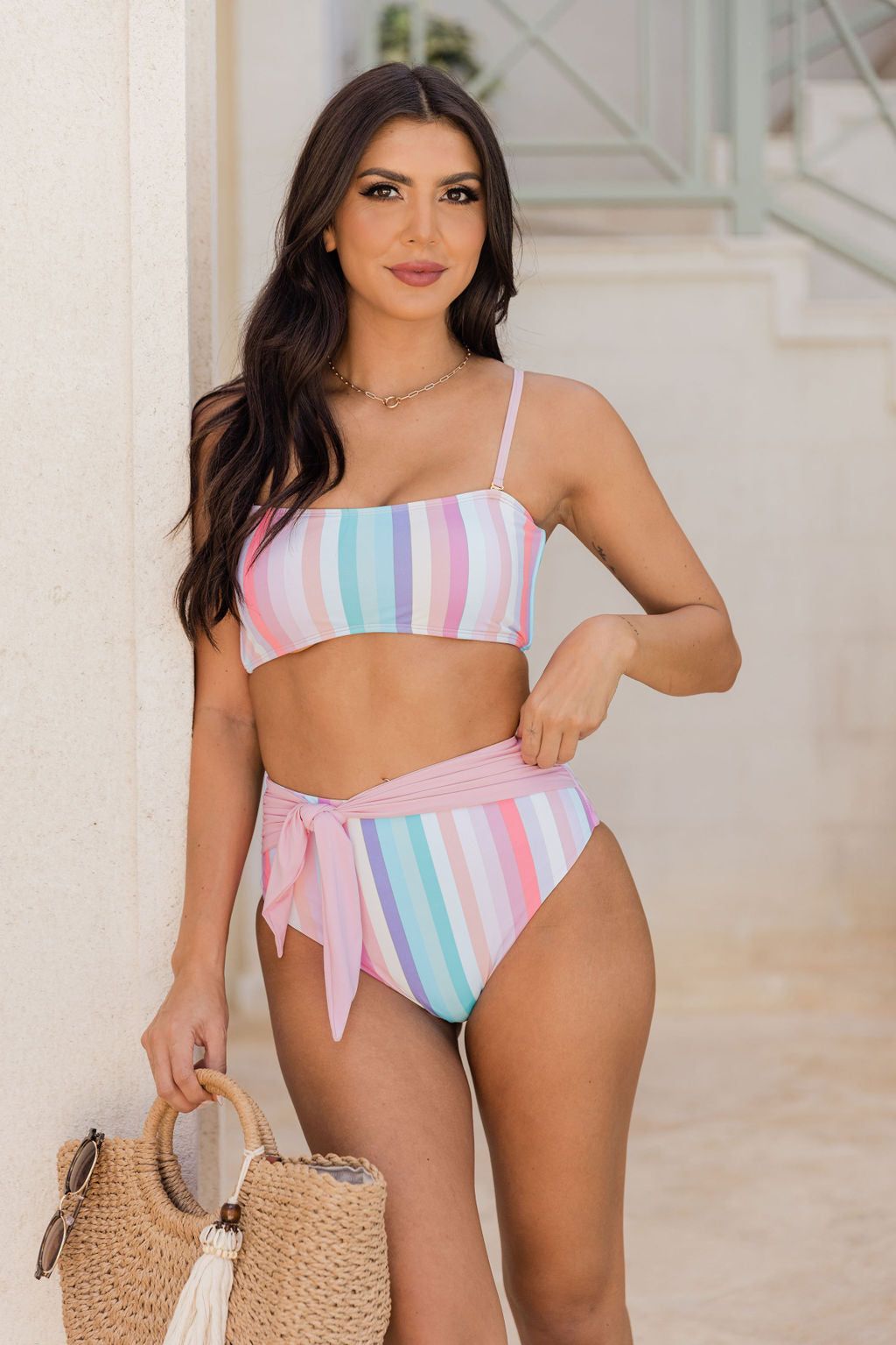 High Tides And Good Vibes Multi Stripe Bikini Top sold by Pink Lily