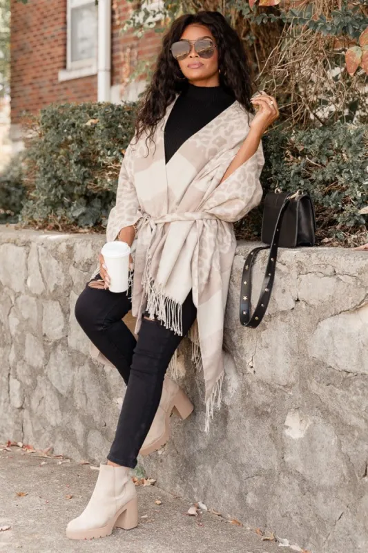 Right Things To Say Beige Leopard Belted Poncho sold by Pink Lily