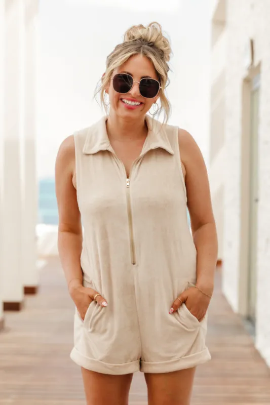 Seashell Shoreline Beige Terry Cloth Romper Krista Horton X Pink Lily sold by Pink Lily