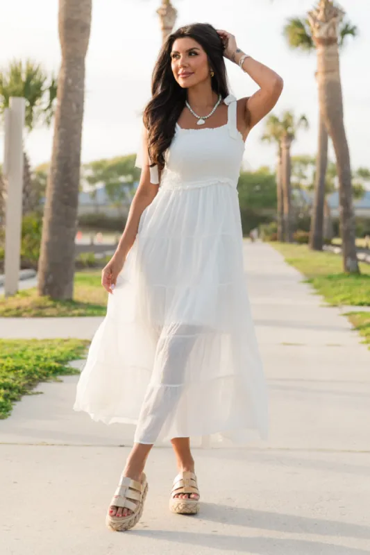 Live In the Moment White Smocked Tiered Midi Dress FINAL SALE sold by Pink Lily