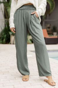 Far And Wide Smocked Waist Sage Green Pants sold by Pink Lily
