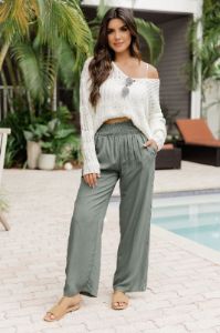 Far And Wide Smocked Waist Sage Green Pants sold by Pink Lily