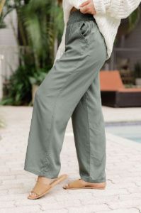 Far And Wide Smocked Waist Sage Green Pants sold by Pink Lily
