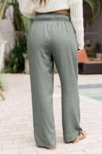 Far And Wide Smocked Waist Sage Green Pants sold by Pink Lily
