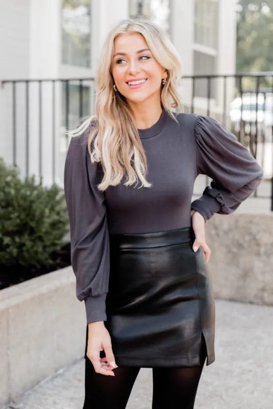 Change Of Heart Mock Neck Puff Sleeve Bodysuit Charcoal FINAL SALE sold by Pink Lily