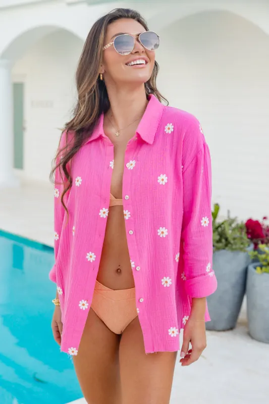Something Great Hot Pink Floral Applique Button Front Gauze Blouse FINAL SALE sold by Pink Lily