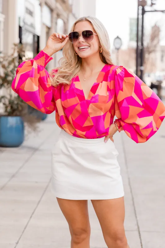 Having Mixed Feelings Pink/Orange Printed Long Sleeve Bodysuit FINAL SALE sold by Pink Lily