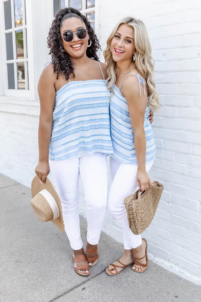 Walks On The Beach Blue Striped Pleated Tank FINAL SALE sold by Pink Lily