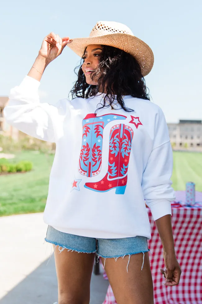 Red White and Boots White Oversized Graphic Sweatshirt sold by Pink Lily