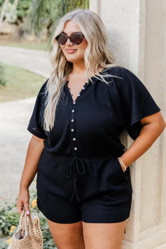 Chase The High Black Waffle Knit Button Up Romper FINAL SALE sold by Pink Lily