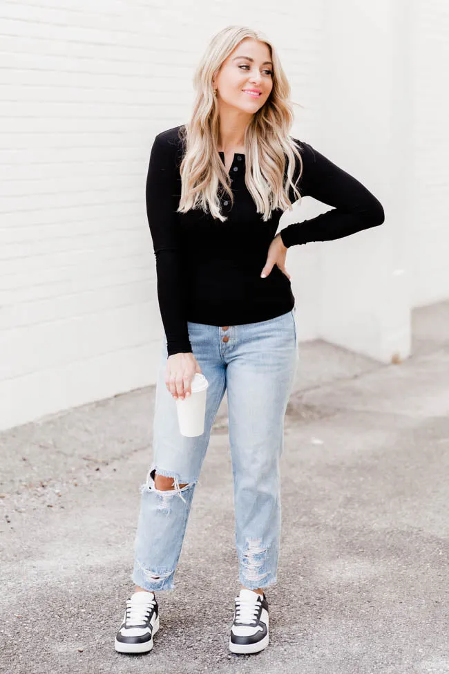 All The Better Black Ribbed Knit Henley Long Sleeve Tee sold by Pink Lily product image thumbnail 2