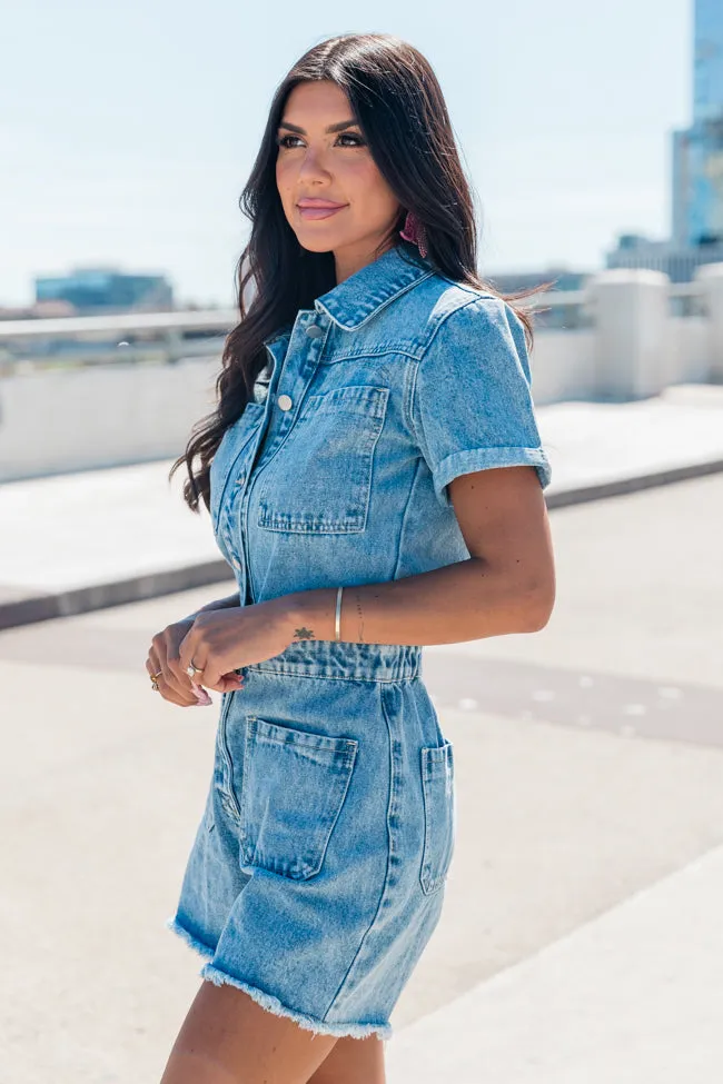 Riding Around Medium Wash Denim Raw Hem Romper FINAL SALE sold by Pink Lily product image thumbnail 3
