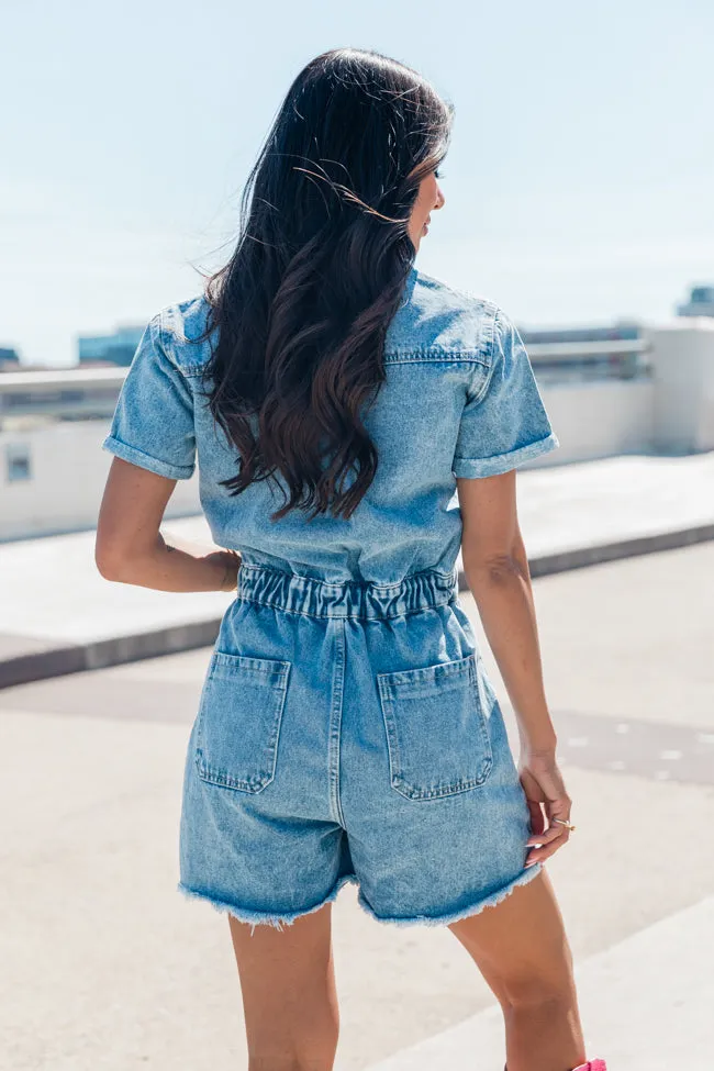 Riding Around Medium Wash Denim Raw Hem Romper FINAL SALE sold by Pink Lily product image thumbnail 4