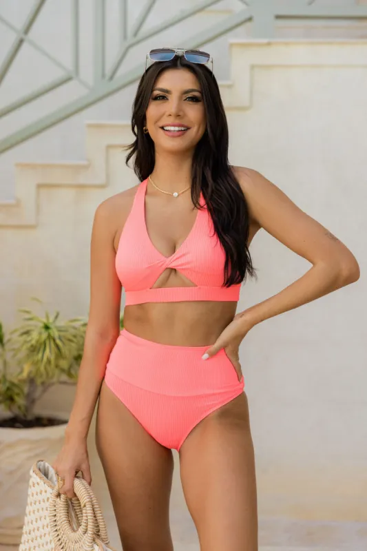 Needing Vitamin Sea Bright Coral Halter Bikini Top FINAL SALE sold by Pink Lily