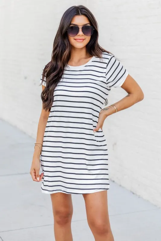 Blissful Days White/Black Striped T-Shirt Dress sold by Pink Lily