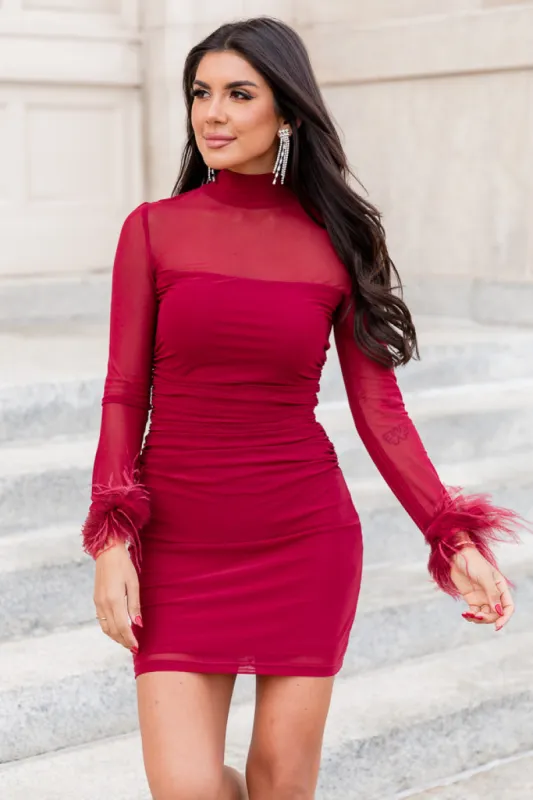 Ready Or Not Wine Mesh Long Sleeve Fur Trim Mini Dress FINAL SALE sold by Pink Lily