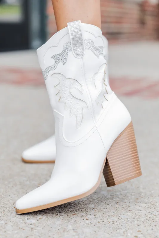 Kayla White Rhinestone Detail Cowboy Bootie FINAL SALE made by Pink Lily