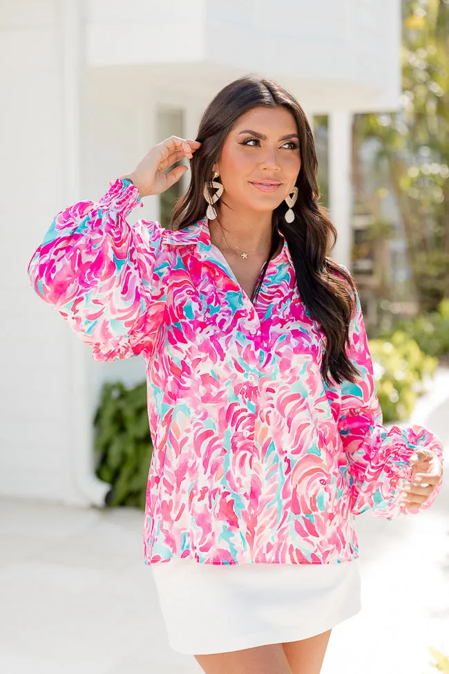I've Been Waiting Blue and Pink Printed Satin Button Front Blouse sold by Pink Lily product image thumbnail 3