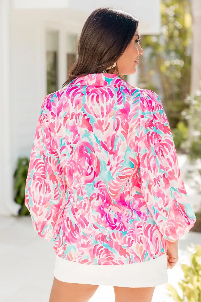 I've Been Waiting Blue and Pink Printed Satin Button Front Blouse sold by Pink Lily product image thumbnail 5