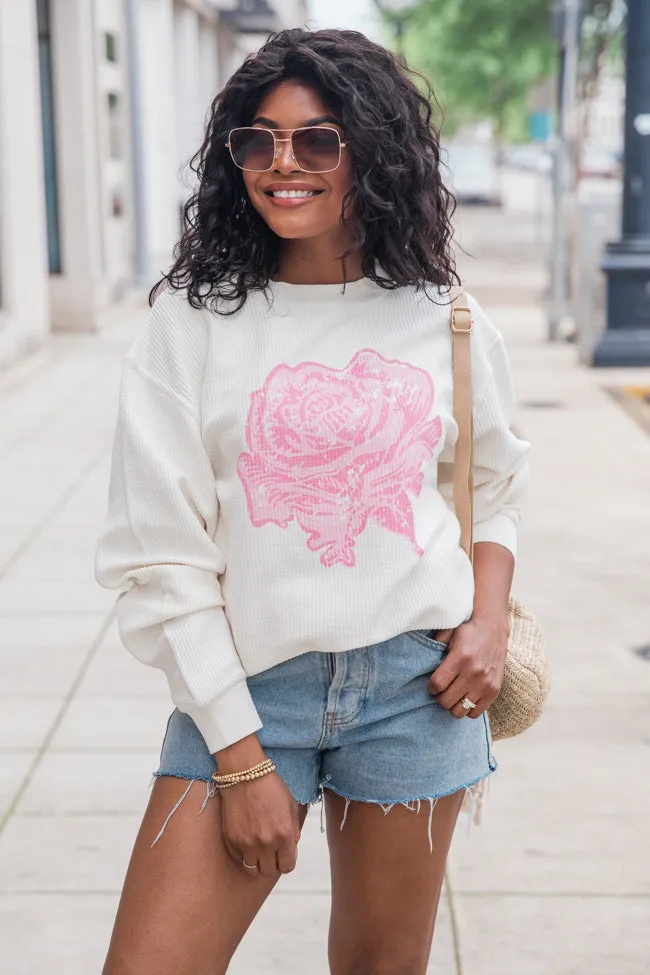 Distressed Rose Ivory Corded Graphic Sweatshirt sold by Pink Lily