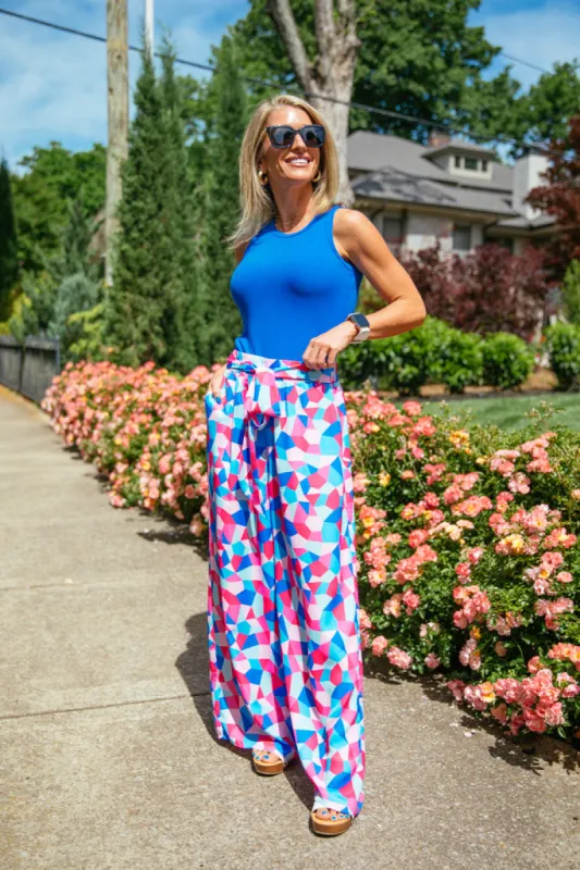 Fashionably Late Geometric Blue And Pink Belted Pants Kalee Rogers X Pink Lily made by Pink Lily