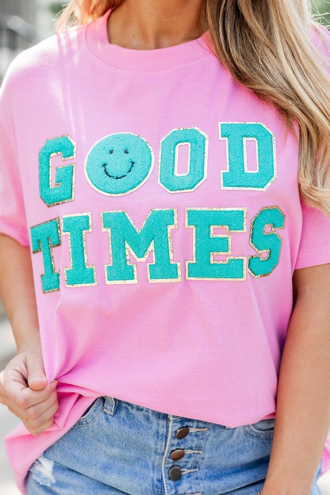 Good Times Chenille Bubblegum Pink Oversized Graphic Tee FINAL SALE sold by Pink Lily product image thumbnail 2