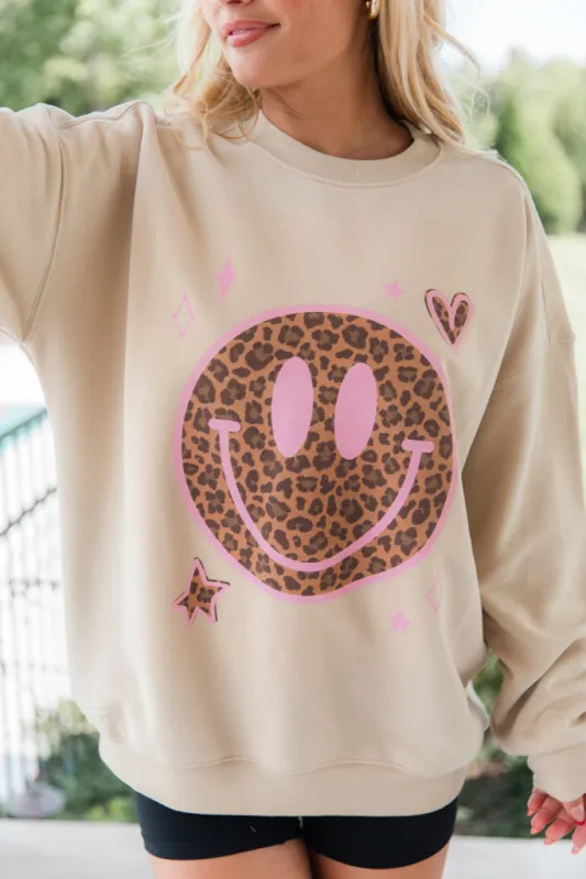 Leopard Smiley Face Light Tan Oversized Graphic Sweatshirt sold by Pink Lily