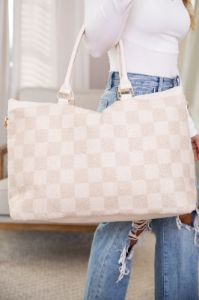 Fuzzy Nude Checkered Tote Bag sold by Pink Lily