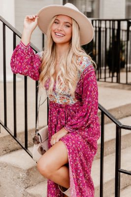 Call Me Magenta Floral Border Printed Belted Maxi Dress FINAL SALE sold by Pink Lily