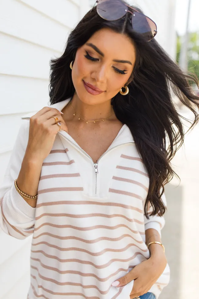 Pulling Heartstrings Ivory And Tan Striped Quarter Zip Pullover sold by Pink Lily product image thumbnail 2