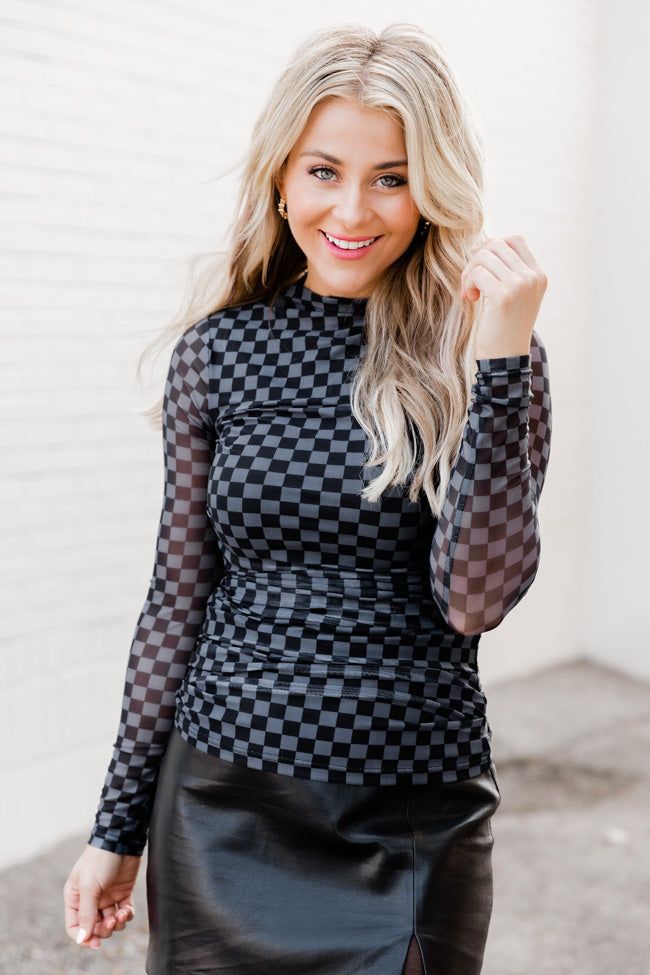 Holding Out Hope Black Mock Neck Checkered Mesh Blouse FINAL SALE sold by Pink Lily product image thumbnail 4