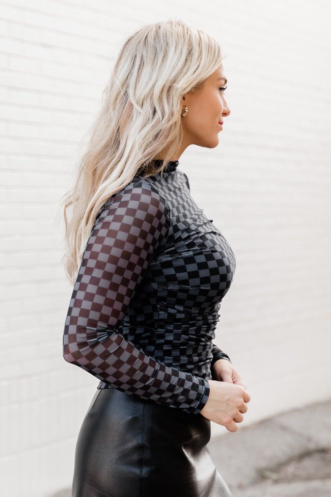 Holding Out Hope Black Mock Neck Checkered Mesh Blouse FINAL SALE sold by Pink Lily product image thumbnail 3