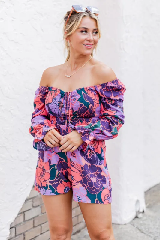 A New Look Purple Floral Printed Smocked Bust Long Sleeve Romper FINAL SALE sold by Pink Lily