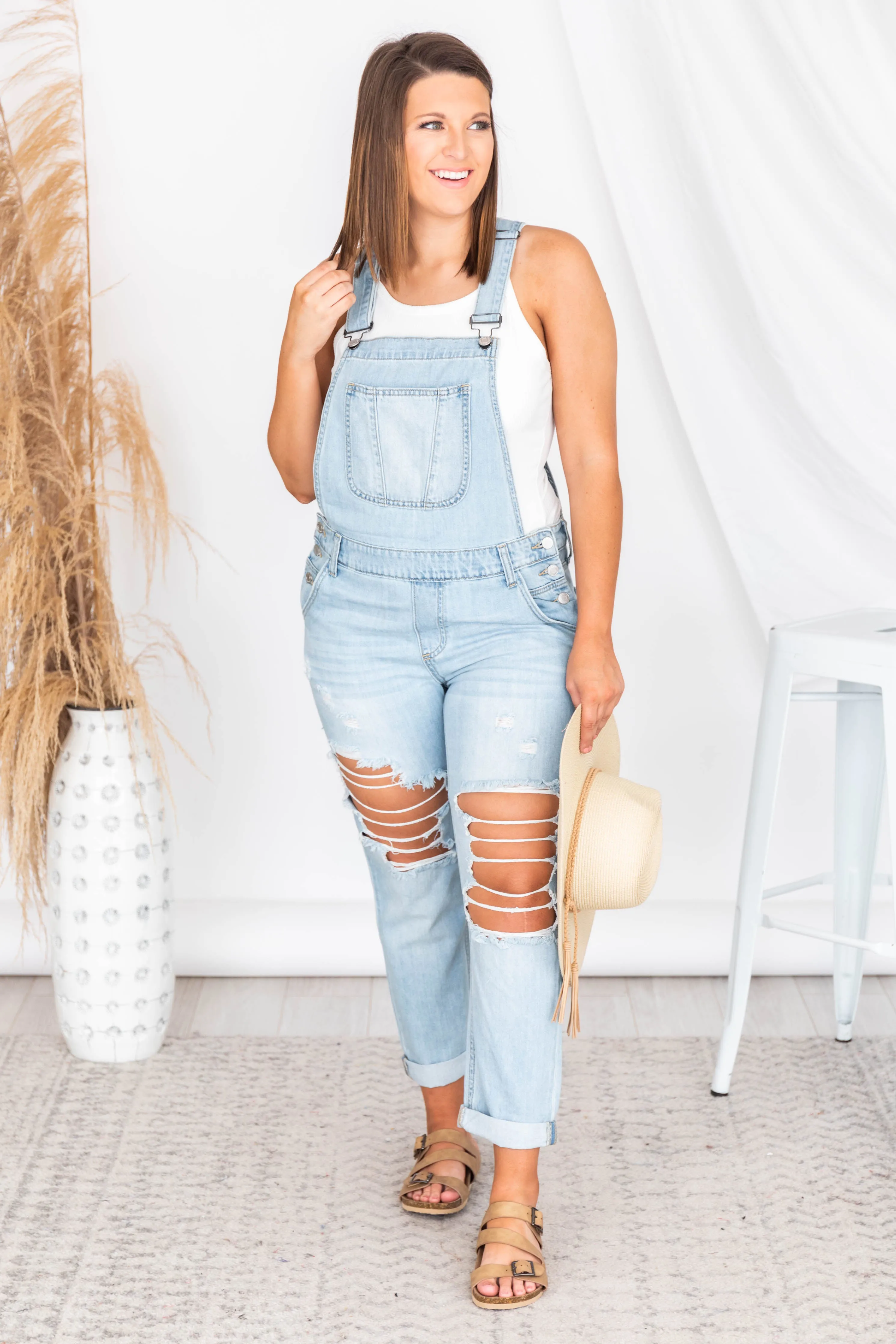 Break Even Distressed Light Wash Denim Overalls FINAL SALE sold by Pink Lily product image thumbnail 4