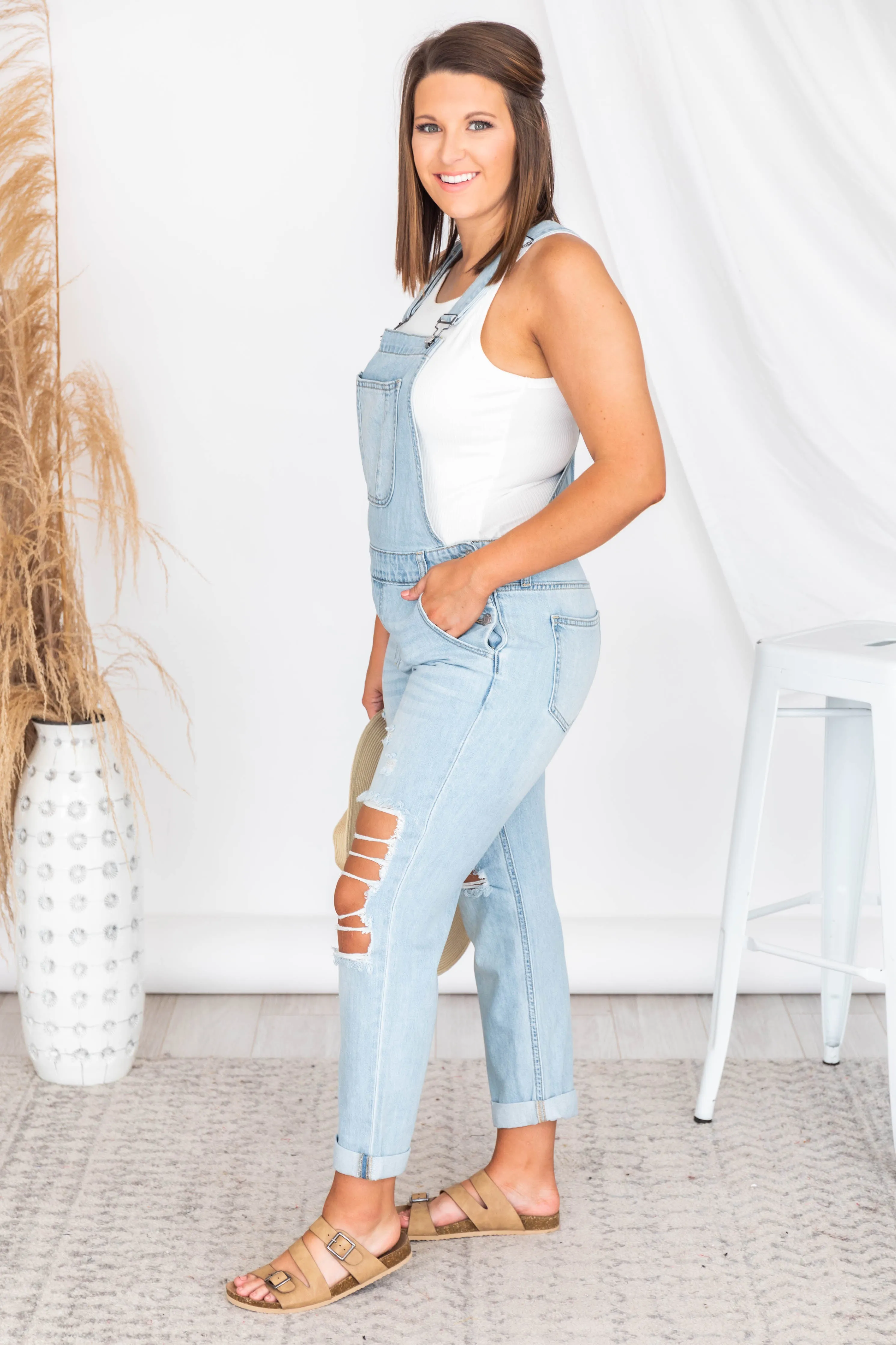 Break Even Distressed Light Wash Denim Overalls FINAL SALE sold by Pink Lily product image thumbnail 5
