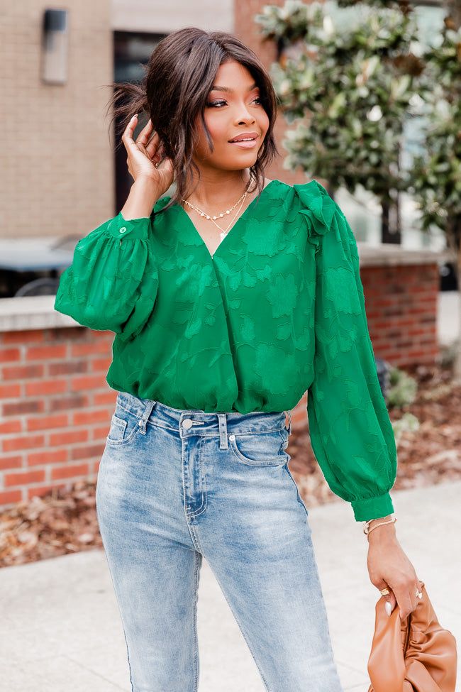 Nothing Has Changed Green Ruffle Shoulder Floral Textured Bodysuit sold by Pink Lily product image thumbnail 2