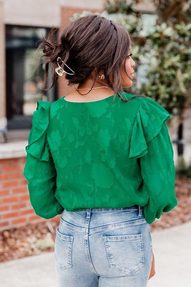 Nothing Has Changed Green Ruffle Shoulder Floral Textured Bodysuit sold by Pink Lily product image thumbnail 5