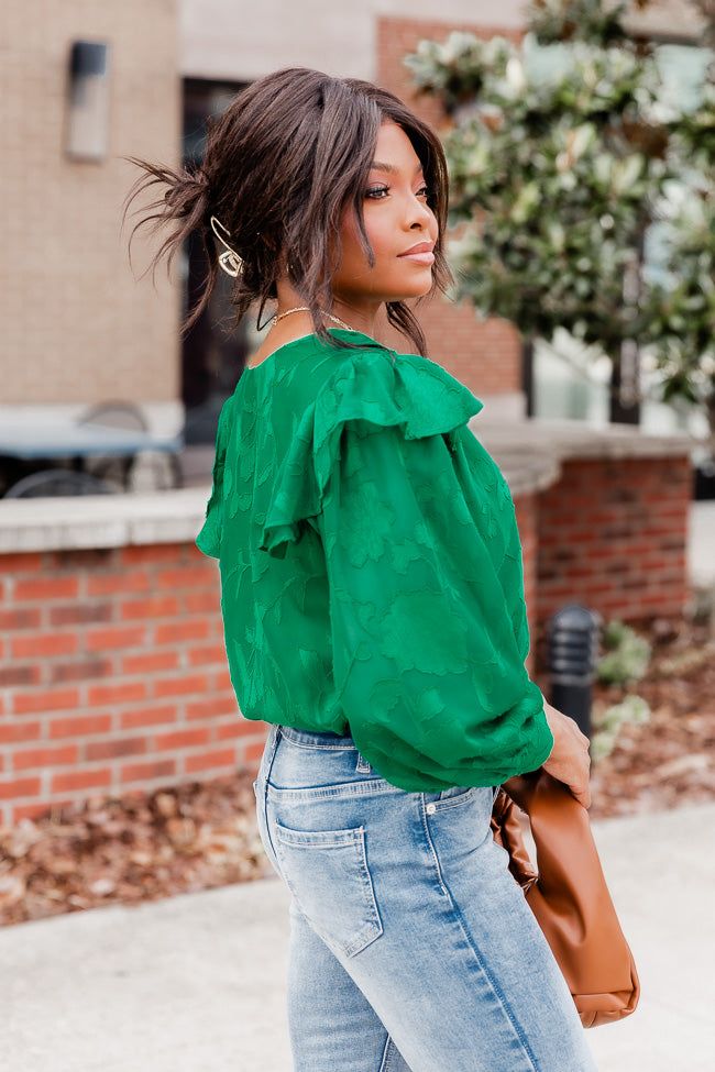 Nothing Has Changed Green Ruffle Shoulder Floral Textured Bodysuit sold by Pink Lily product image thumbnail 4
