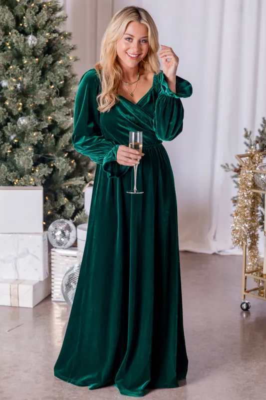 Holiday Magic Velvet Emerald Ruched Maxi Dress FINAL SALE sold by Pink Lily